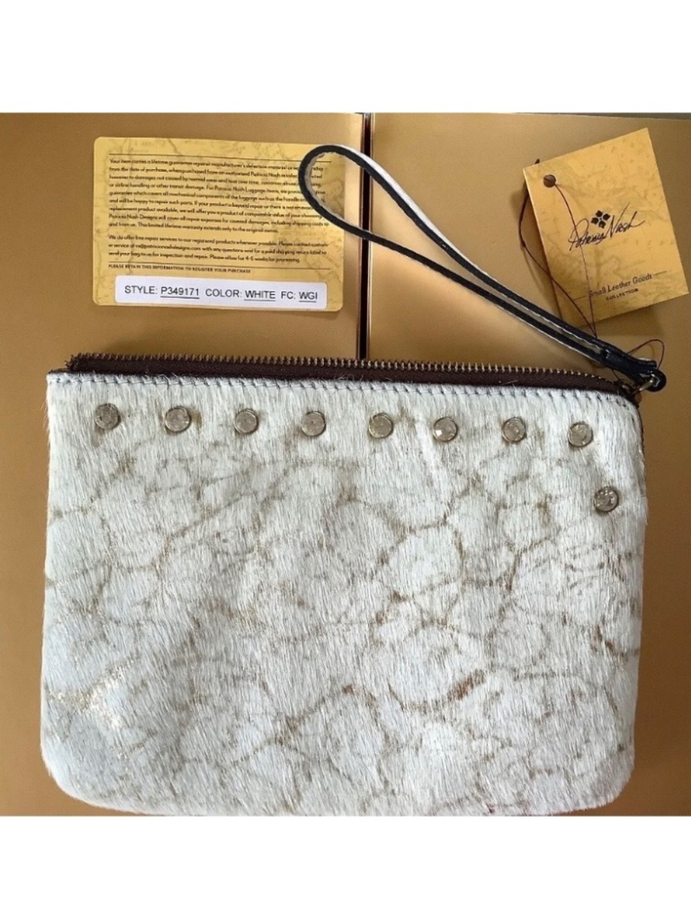 Patricia Nash Marbled Cow-hair Leather Cassini Wristlet With Crystal Studs White